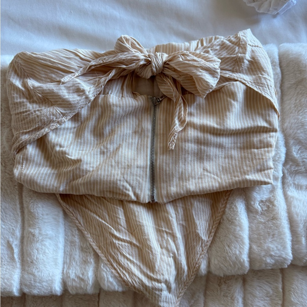 Striped Beige Bodysuit with Front Tie